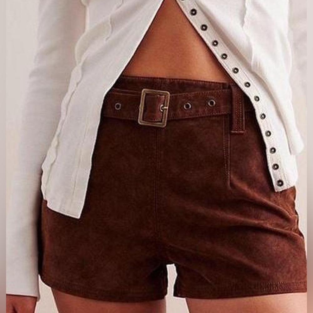 Free People High-Rise Suede Belted Women’s Shorts — Brown